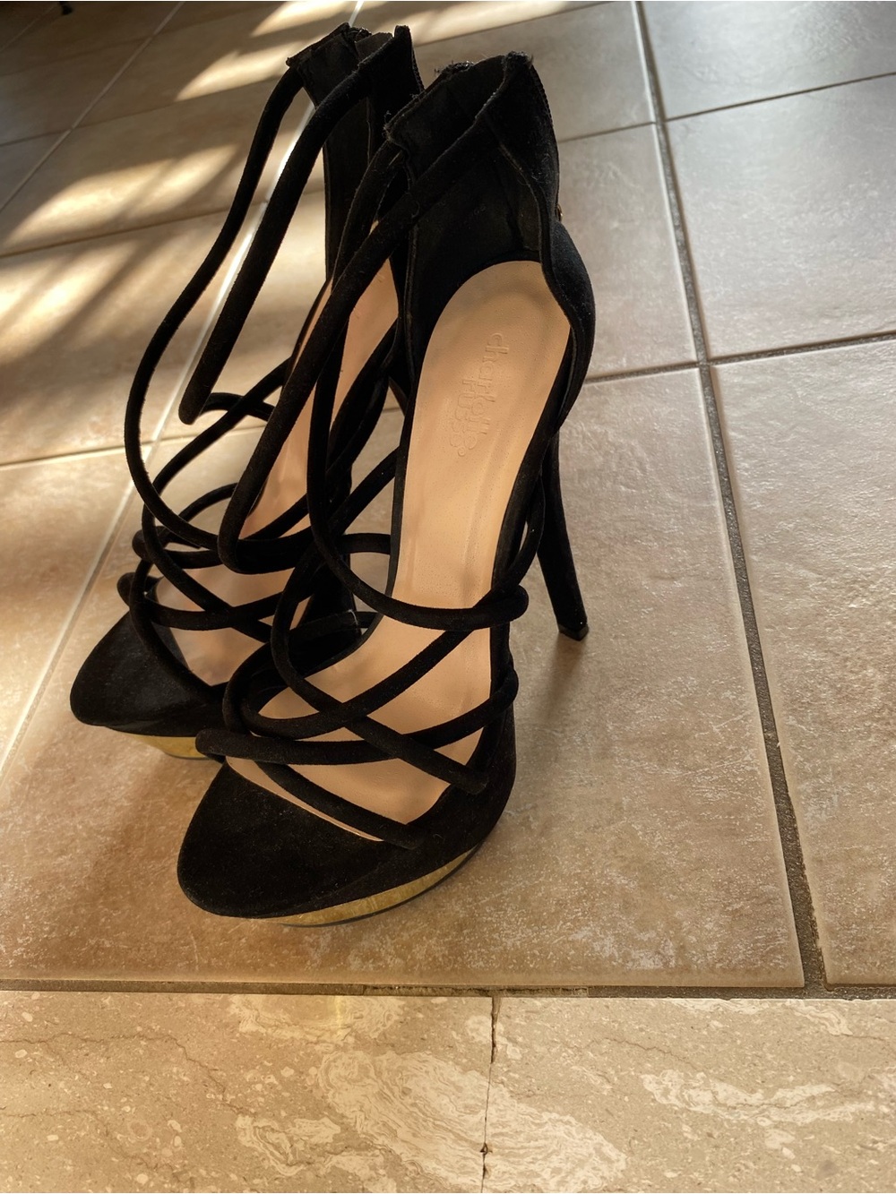 Charlotte Russe Black Strappy Stiletto Heels with Ankle Wrap